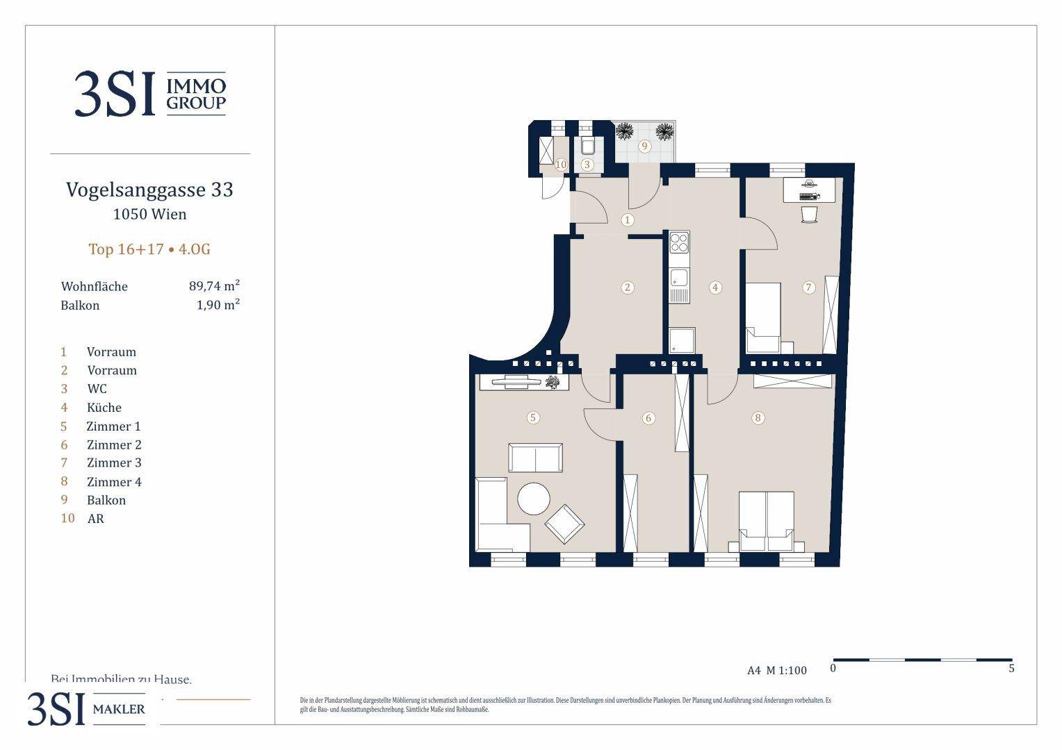 Detaillierter Grundriss einer Wohnung mit mehreren Zimmern, separater Küche, WC und kleinem Balkon.