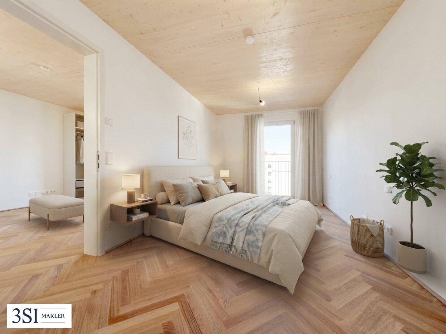 Gemütliches Schlafzimmer mit Fischgrätparkett, Holzakzenten an der Decke und Zugang zum Balkon.