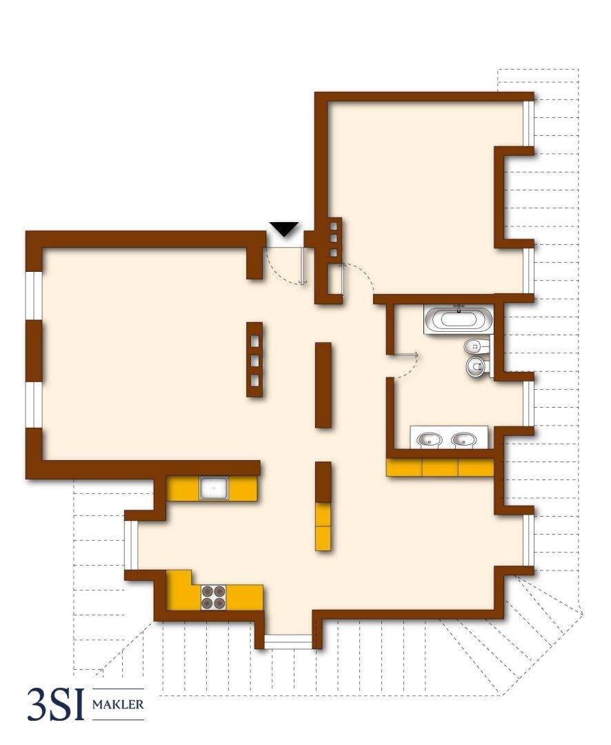 Grundriss einer Wohnung mit offenem Wohnbereich, Küche und Badezimmer.