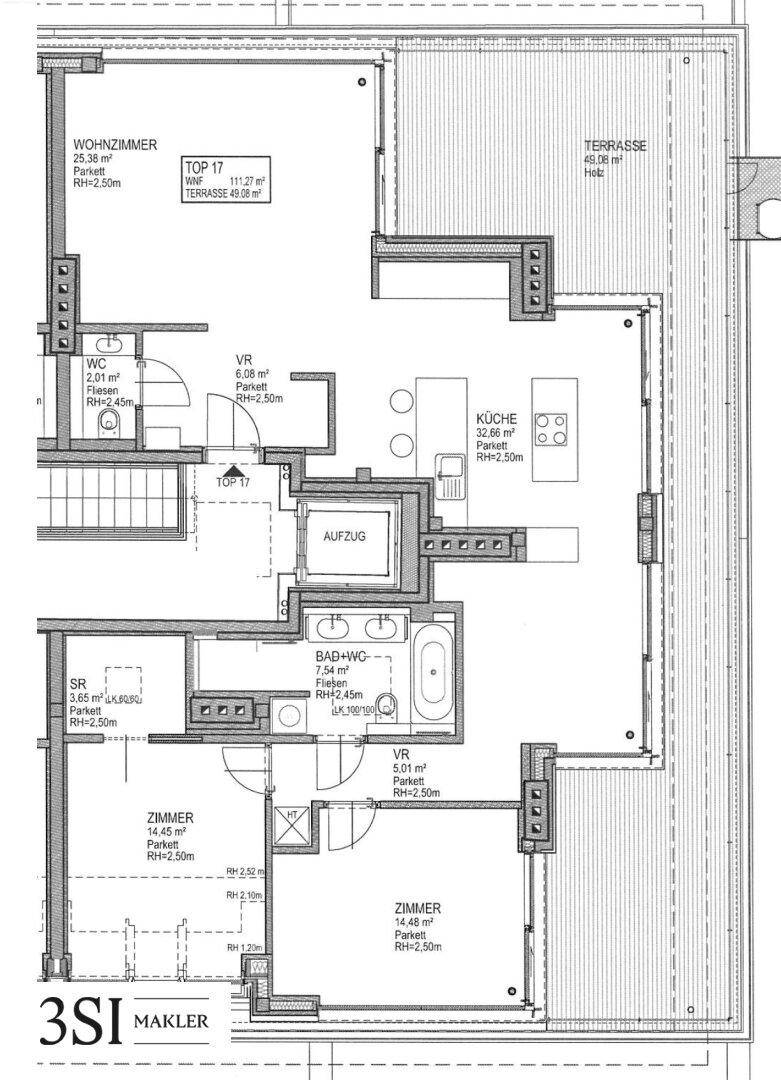 Grundriss einer Wohnung mit Wohnzimmer, Küche, Schlafzimmern und großer Terrasse.