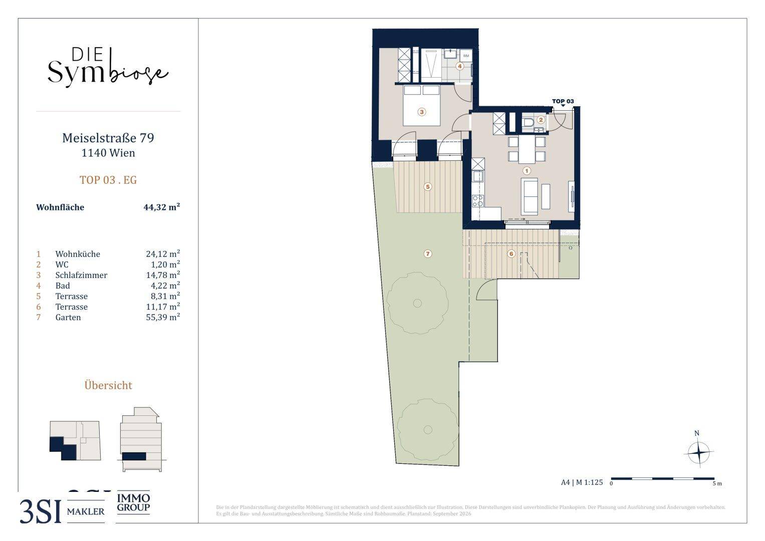 Grundriss einer Erdgeschosswohnung mit offener Wohnküche, Schlafzimmer, Bad, separatem WC, zwei Terrassen und eigenem Garten.
