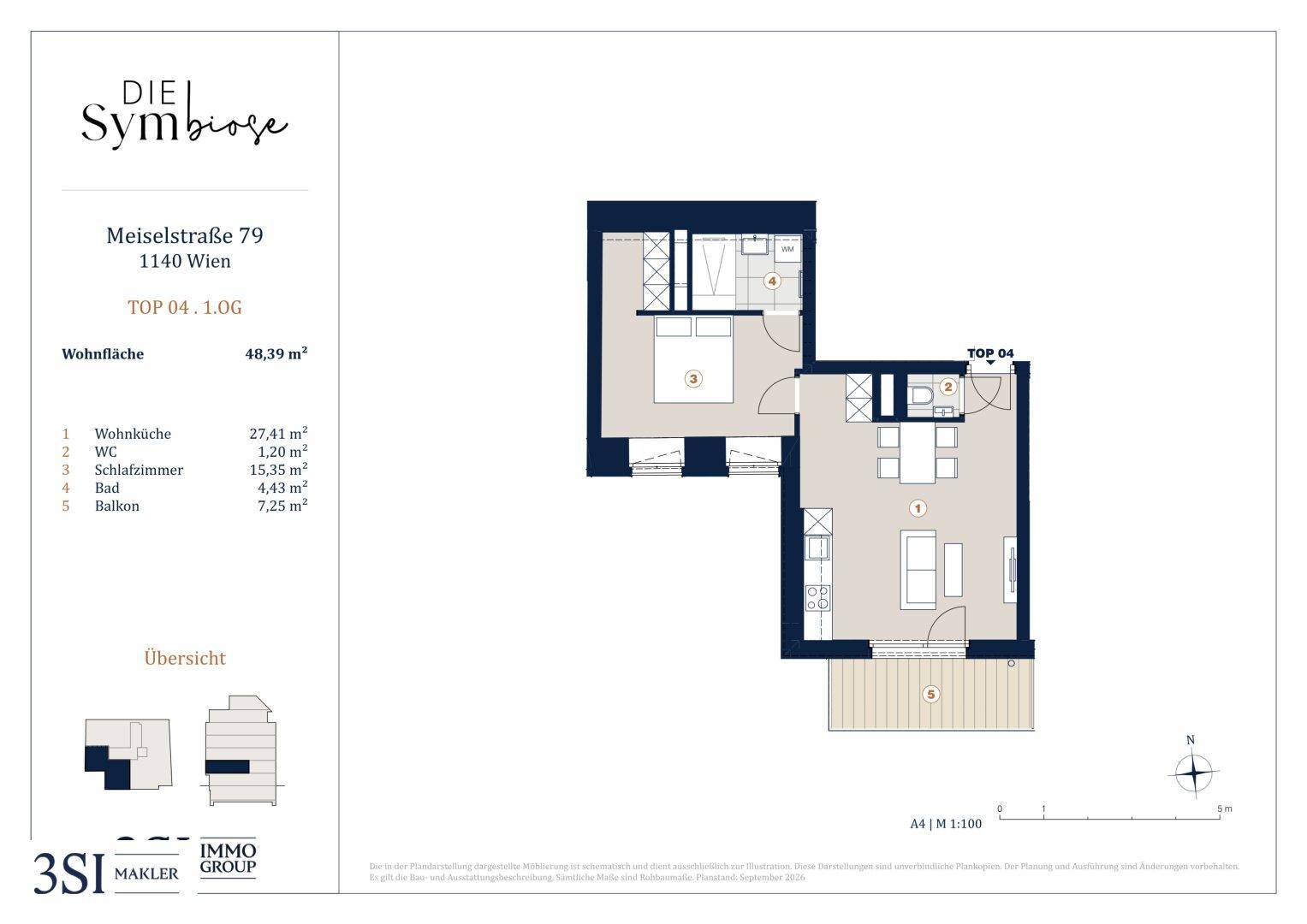 Grundriss der Wohnung TOP 04 mit offener Wohnküche, einem Schlafzimmer, separatem WC und einem Balkon.