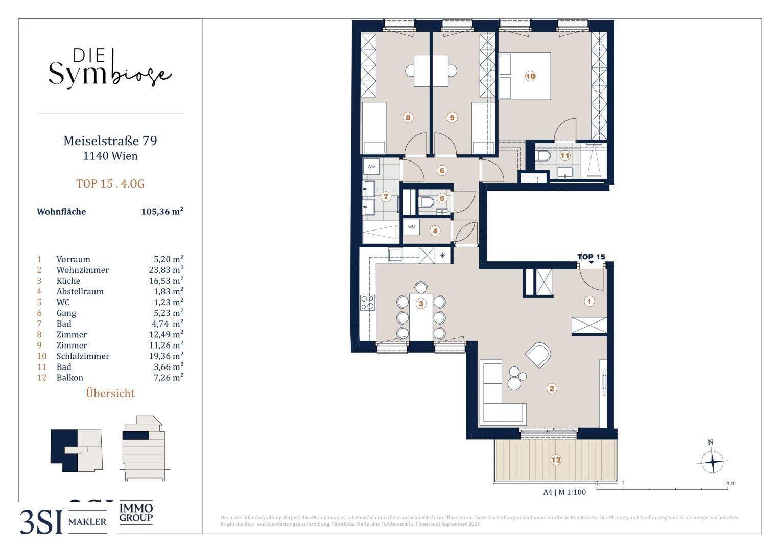 Grundrissplan einer Wohnung mit offenem Wohnbereich, zwei Bädern, einem Gäste-WC und einem Balkon.