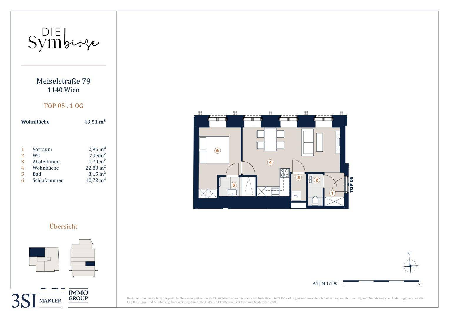 Grundriss der Wohnung TOP 05 im ersten Obergeschoss mit einem Schlafzimmer und Abstellraum.
