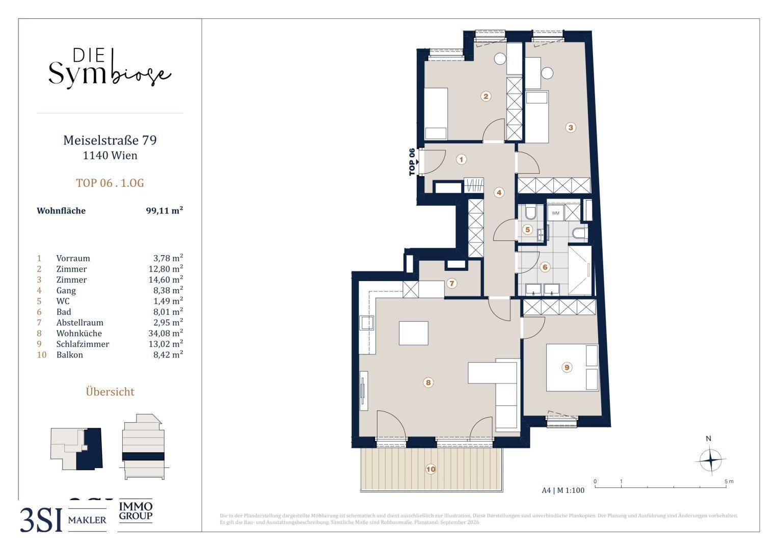 Grundriss der Wohnung TOP 06 im ersten Obergeschoss mit drei Zimmern und Balkon.