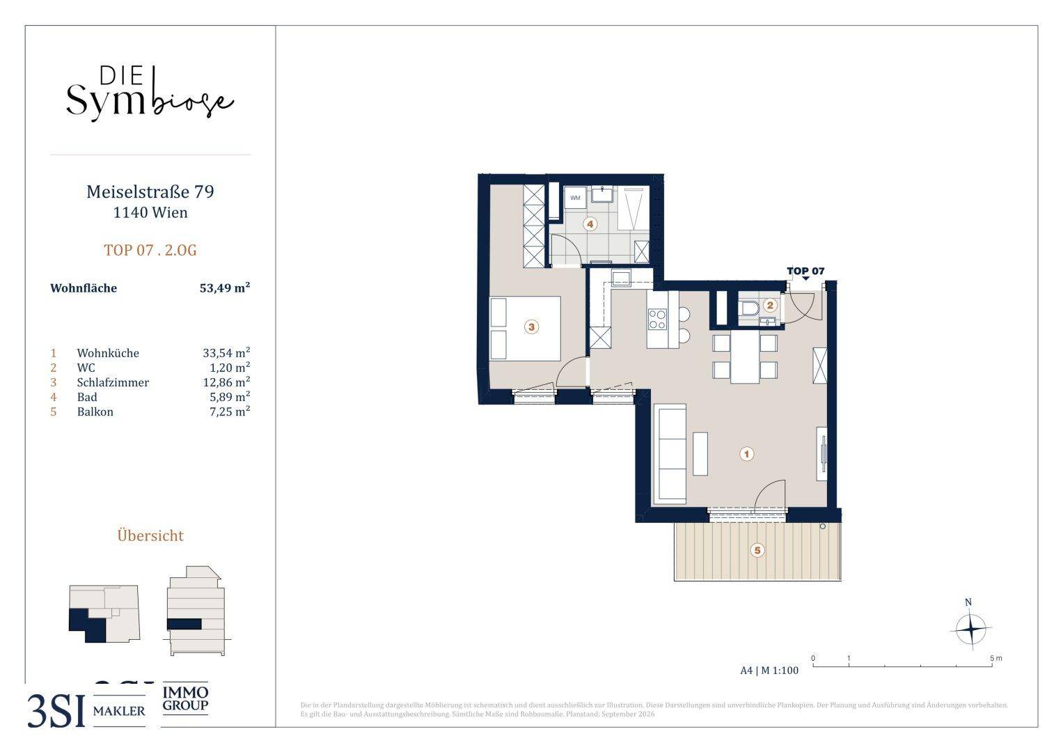 Grundriss der Wohnung TOP 07 im zweiten Obergeschoss mit Balkon und einem Schlafzimmer.