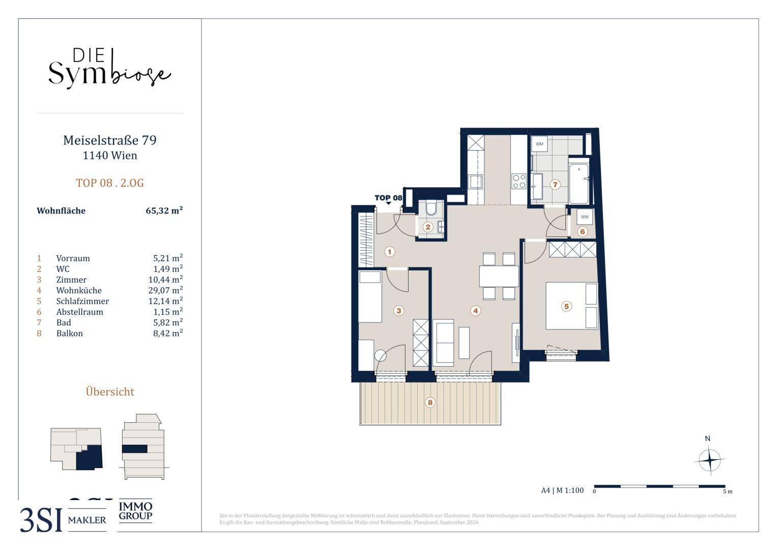 Grundriss der Wohnung TOP 08 im zweiten Obergeschoss mit Balkon und zwei Schlafzimmern.