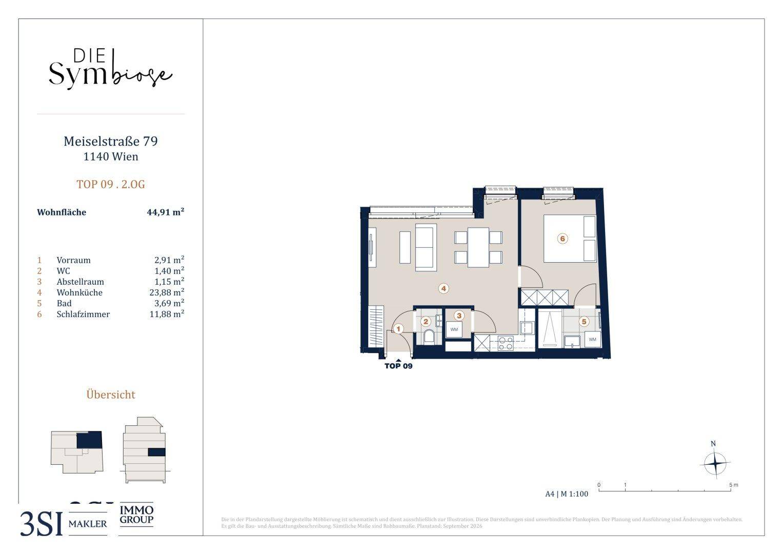 Grundriss der Wohnung TOP 09 im zweiten Obergeschoss mit einem Schlafzimmer und Abstellraum.