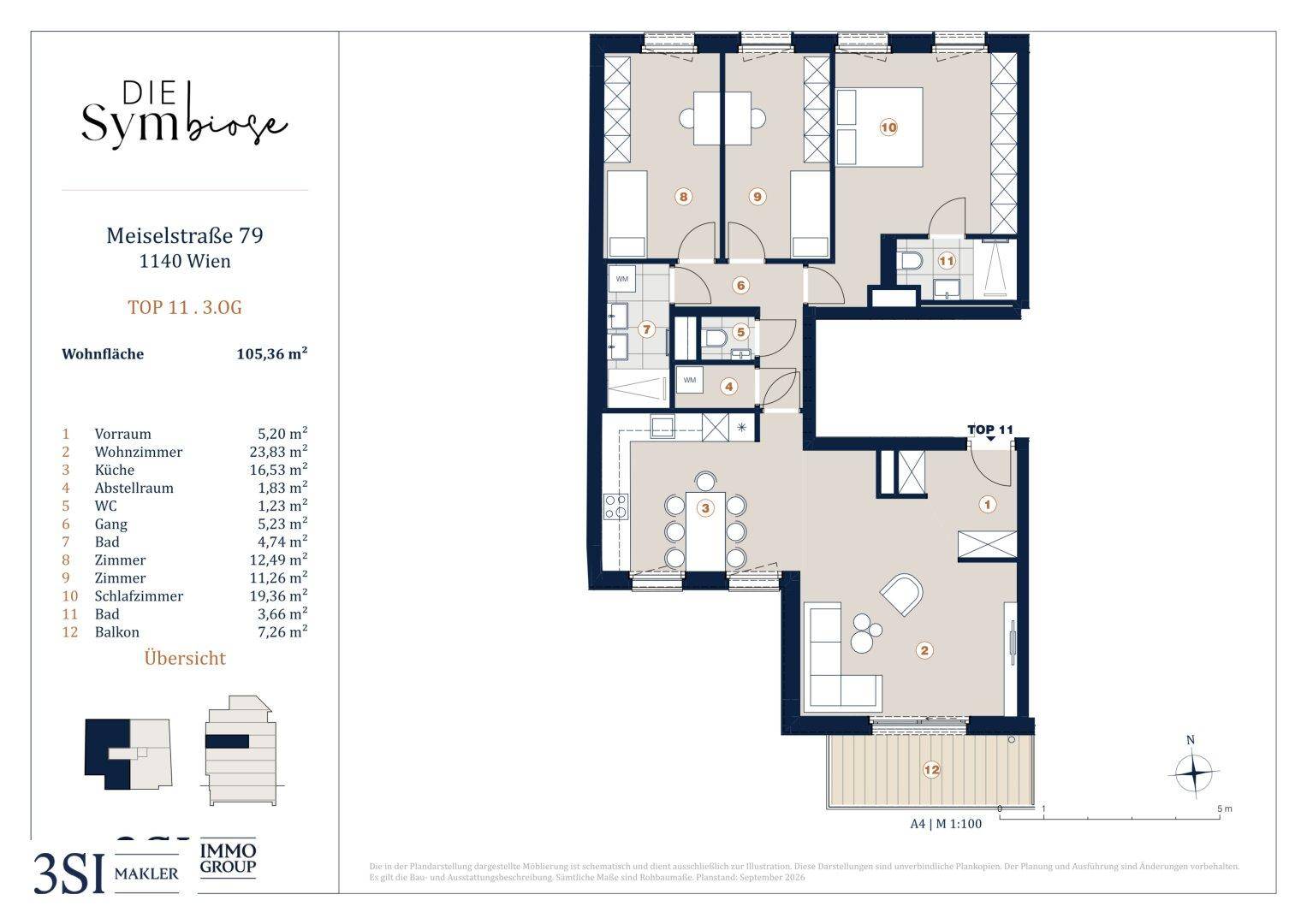 Grundriss der Wohnung TOP 11 im dritten Obergeschoss mit Balkon und drei Schlafzimmern.