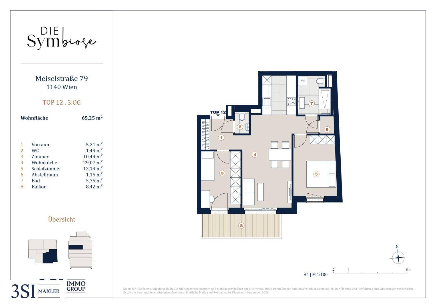 Grundriss der Wohnung TOP 12 im dritten Obergeschoss mit Balkon und zwei Schlafzimmern.