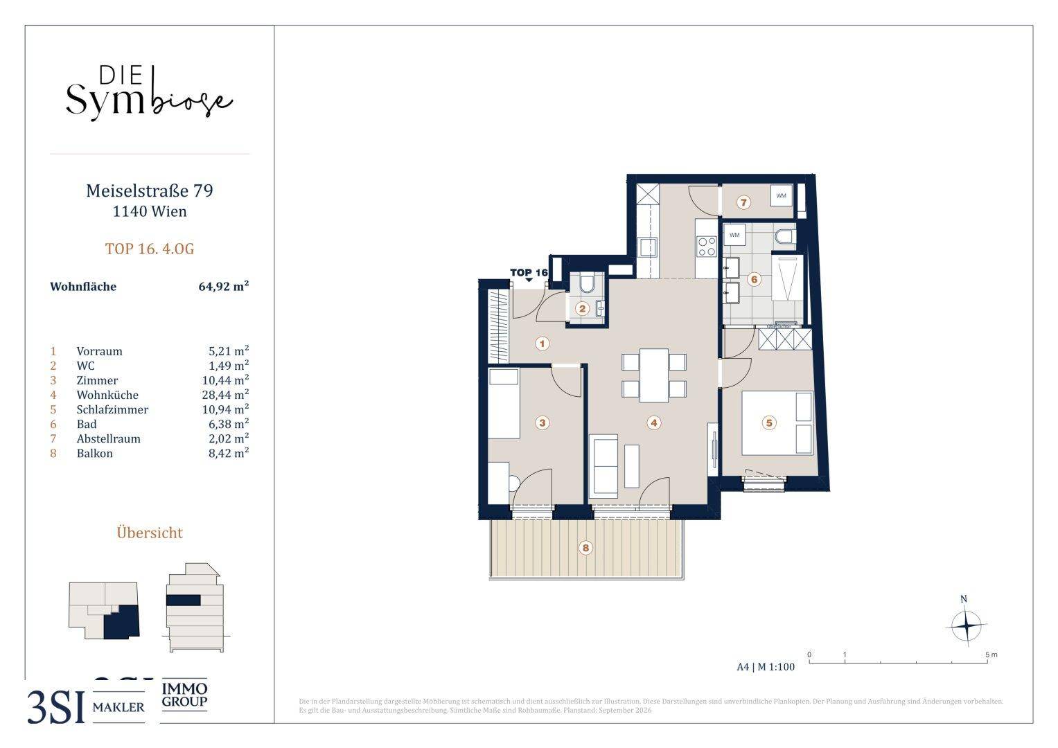 Grundriss der Wohnung TOP 16 im vierten Obergeschoss mit Balkon und zwei Schlafzimmern.