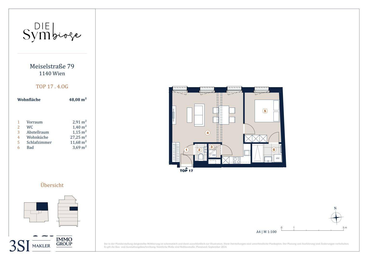 Grundriss der Wohnung TOP 17 im vierten Obergeschoss mit einem Schlafzimmer und Abstellraum.