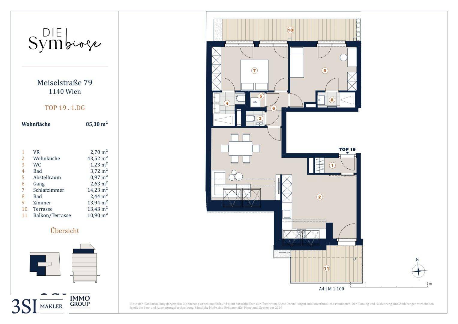 Grundriss der Wohnung TOP 19 im Dachgeschoss mit Terrasse, Balkon und zwei Schlafzimmern.