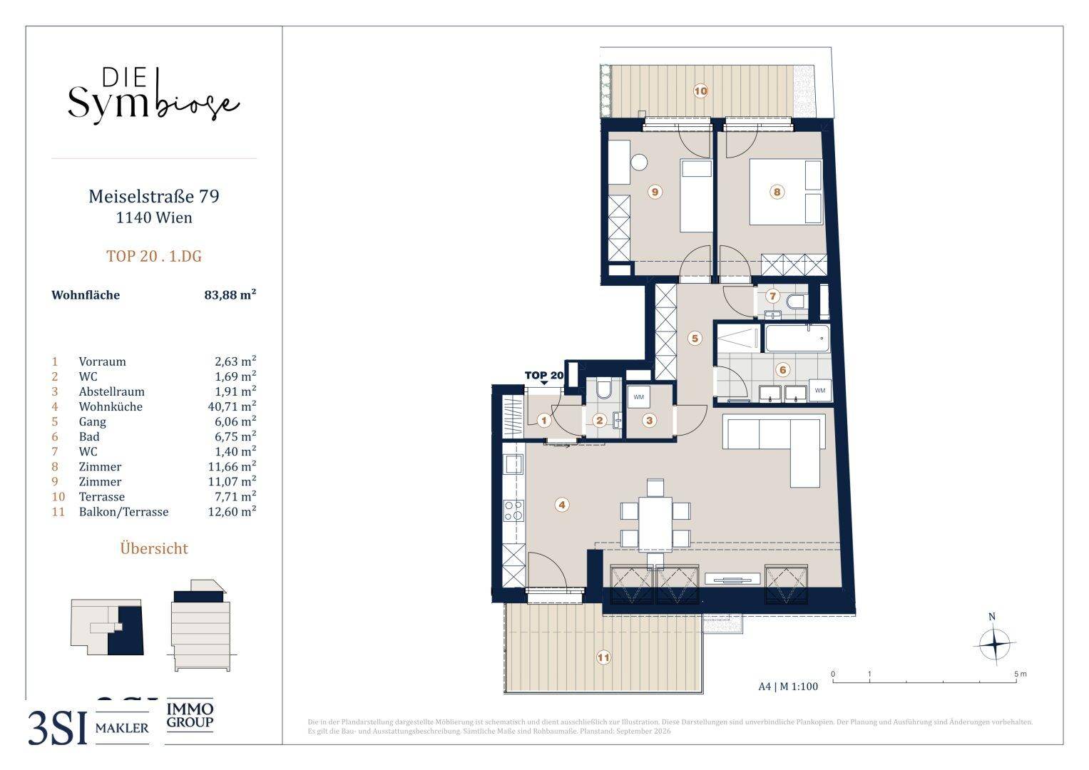 Grundriss der Wohnung TOP 20 im Dachgeschoss mit Terrasse, Balkon und zwei Schlafzimmern.