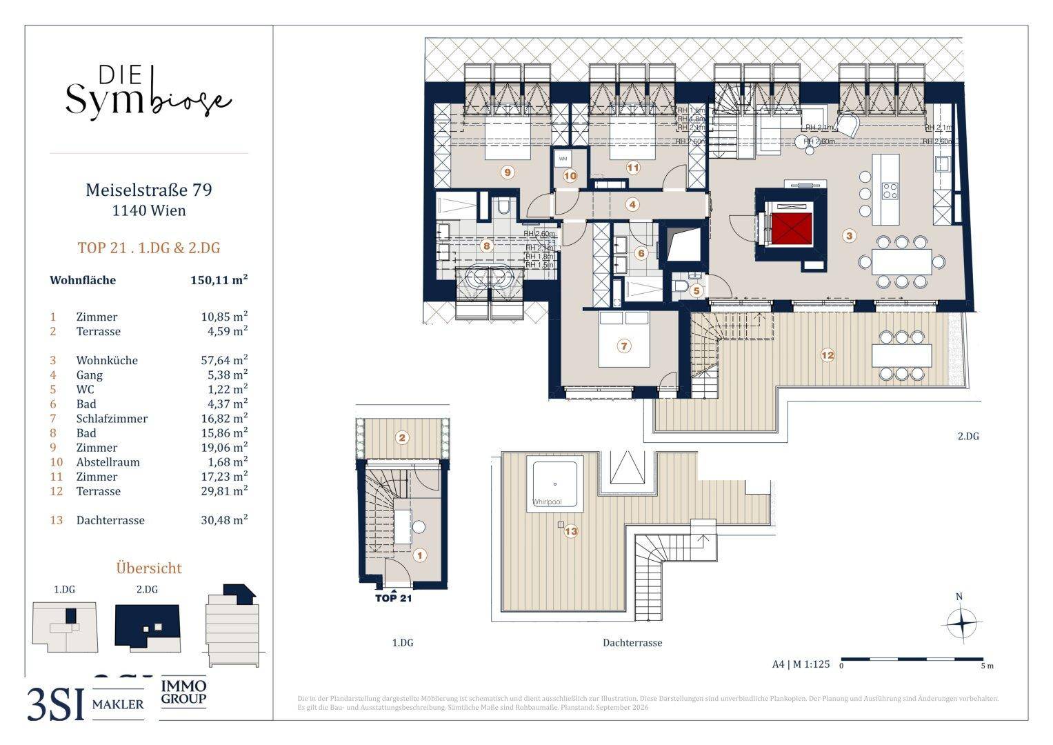 Grundriss der Wohnung TOP 21 über zwei Dachgeschosse mit Dachterrasse und drei Schlafzimmern.