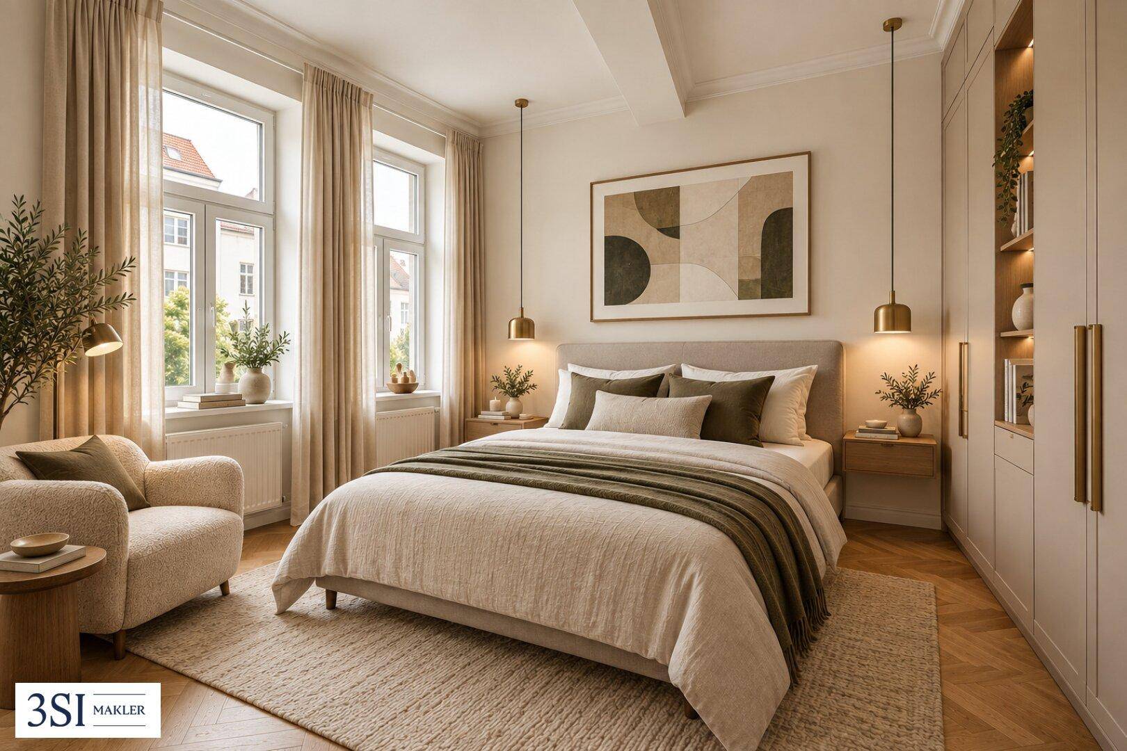 Gemütliches Schlafzimmer mit großem Bett, Einbauschränken und viel Tageslicht durch die Fenster.