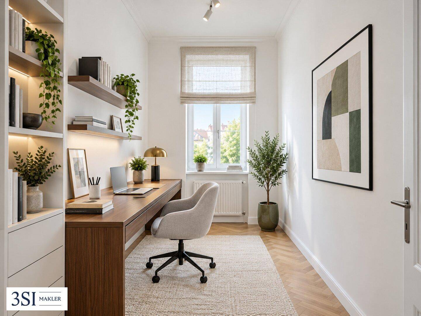 Modernes Arbeitszimmer mit Schreibtisch, Bücherregal, Fischgrätparkett und Fensterblick ins Grüne.