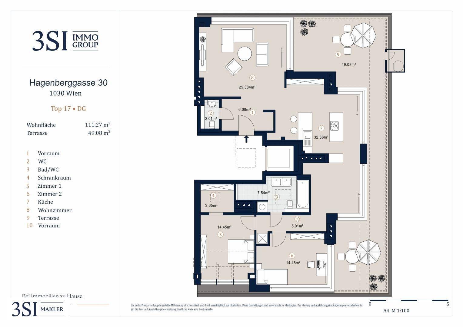 Grundriss einer modernen Wohnung mit offenem Wohnbereich, zwei Schlafzimmern, zwei Bädern und großer Terrasse.