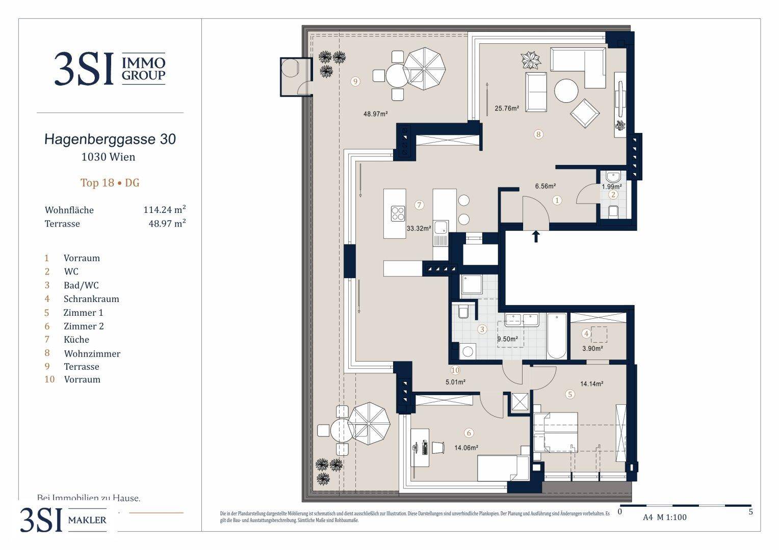 Detaillierter Grundrissplan einer modernen Wohnung mit offenem Wohnbereich, zwei Terrassen und separatem Schrankraum.