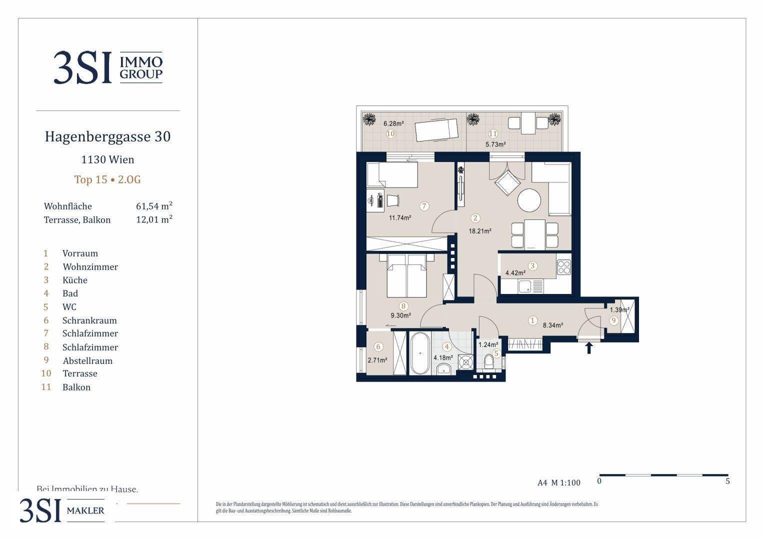 Grundriss einer Wohnung mit offenem Wohnbereich, zwei Schlafzimmern, zwei Bädern und großer Terrasse.