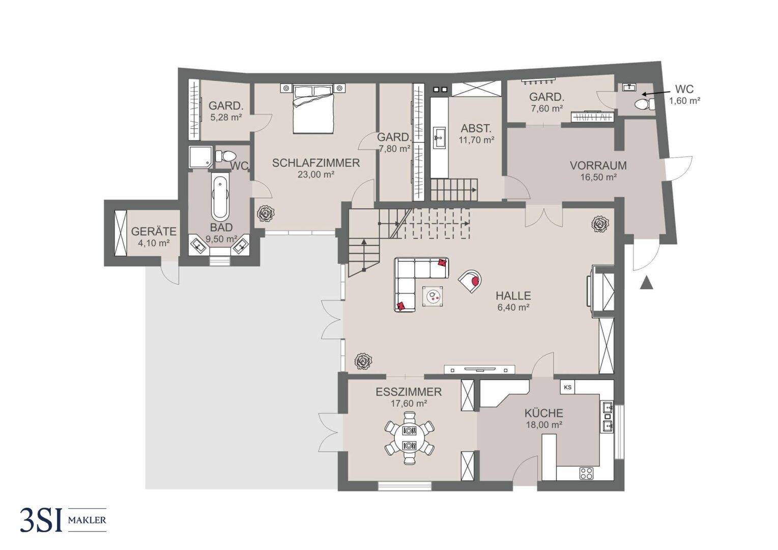 Grundriss des Erdgeschosses mit Halle, Esszimmer, Küche, Schlafzimmer und Bädern.