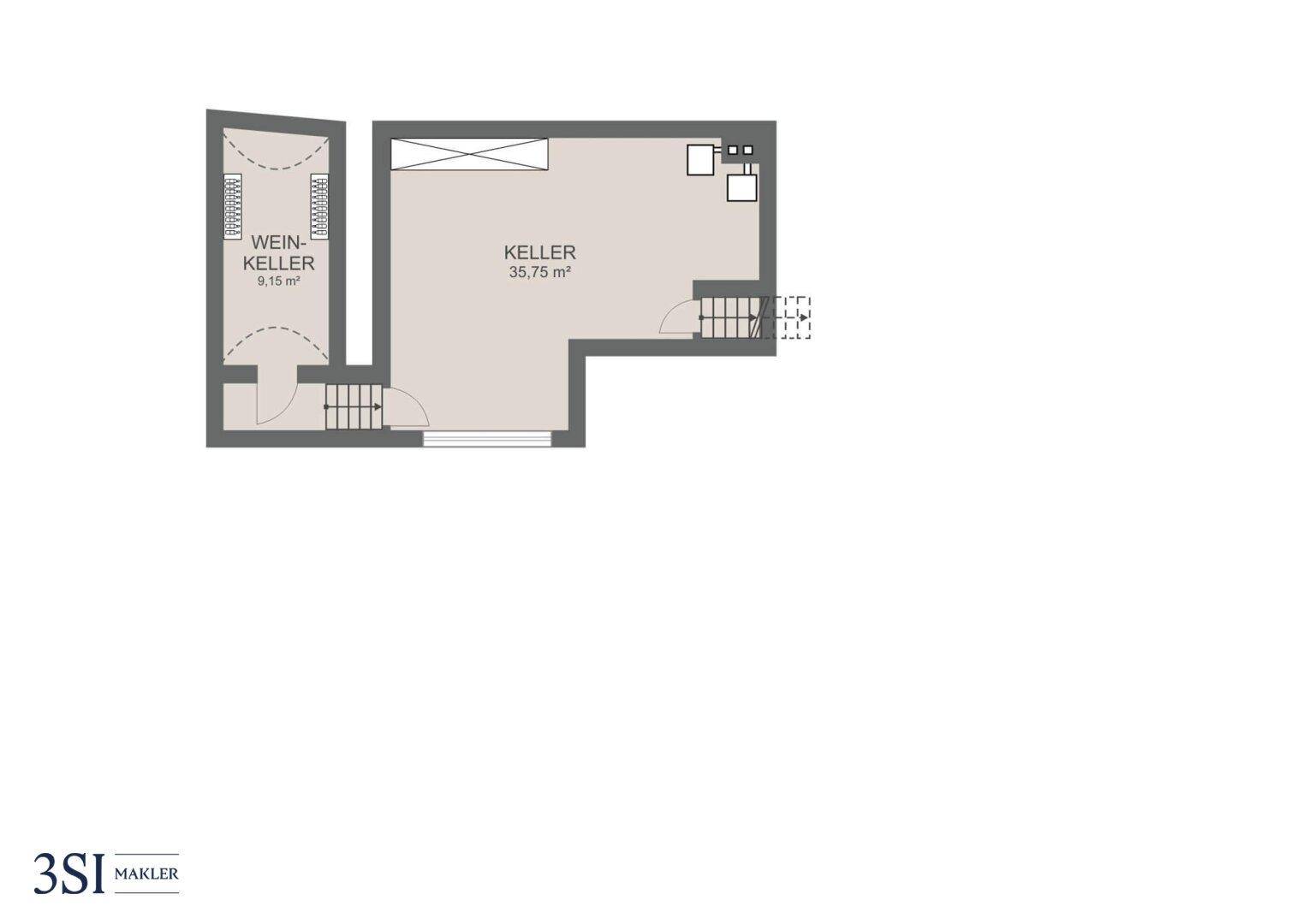 Grundriss des Kellergeschosses mit Weinkeller und zusätzlichem Stauraum.