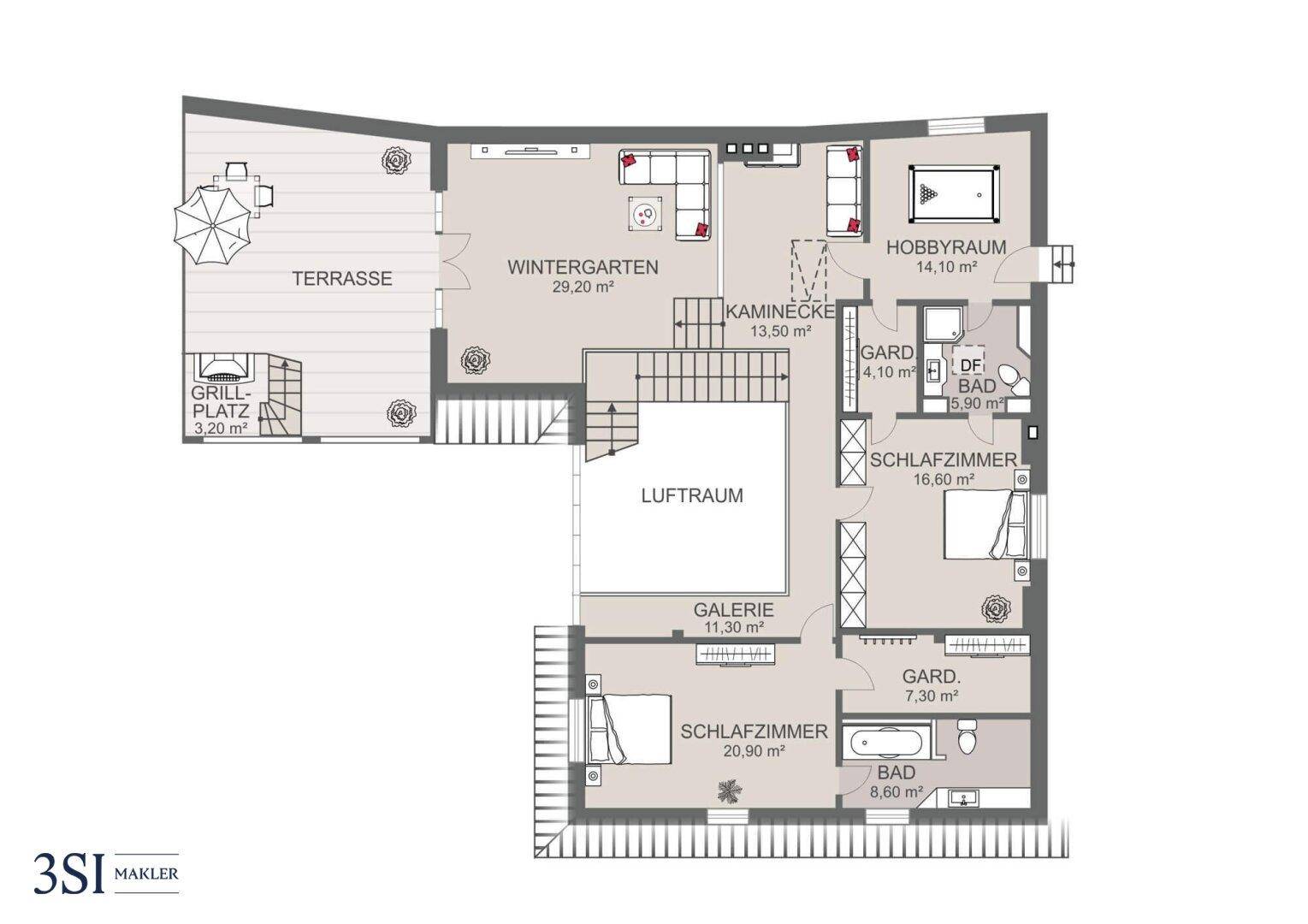 Grundriss des Obergeschosses mit Wintergarten, Terrasse, Schlafzimmern und Hobbyraum.