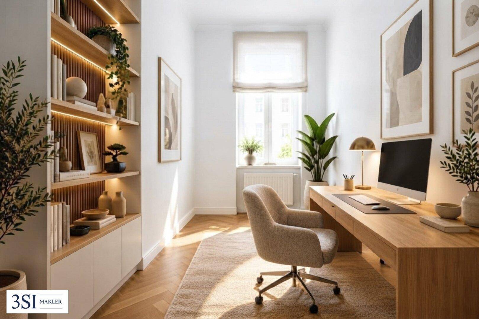 Helles Arbeitszimmer mit Holzboden, integriertem Regal, Schreibtisch und Blick ins Grüne.