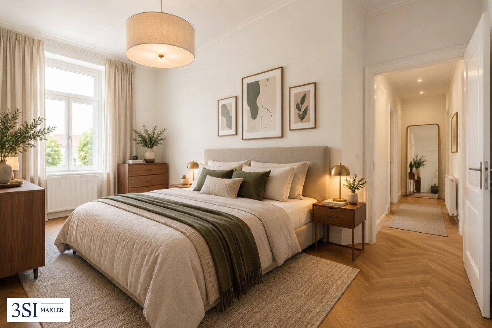 Elegantes Schlafzimmer mit Doppelbett, Nachttischen und Blick in den angrenzenden Flur.