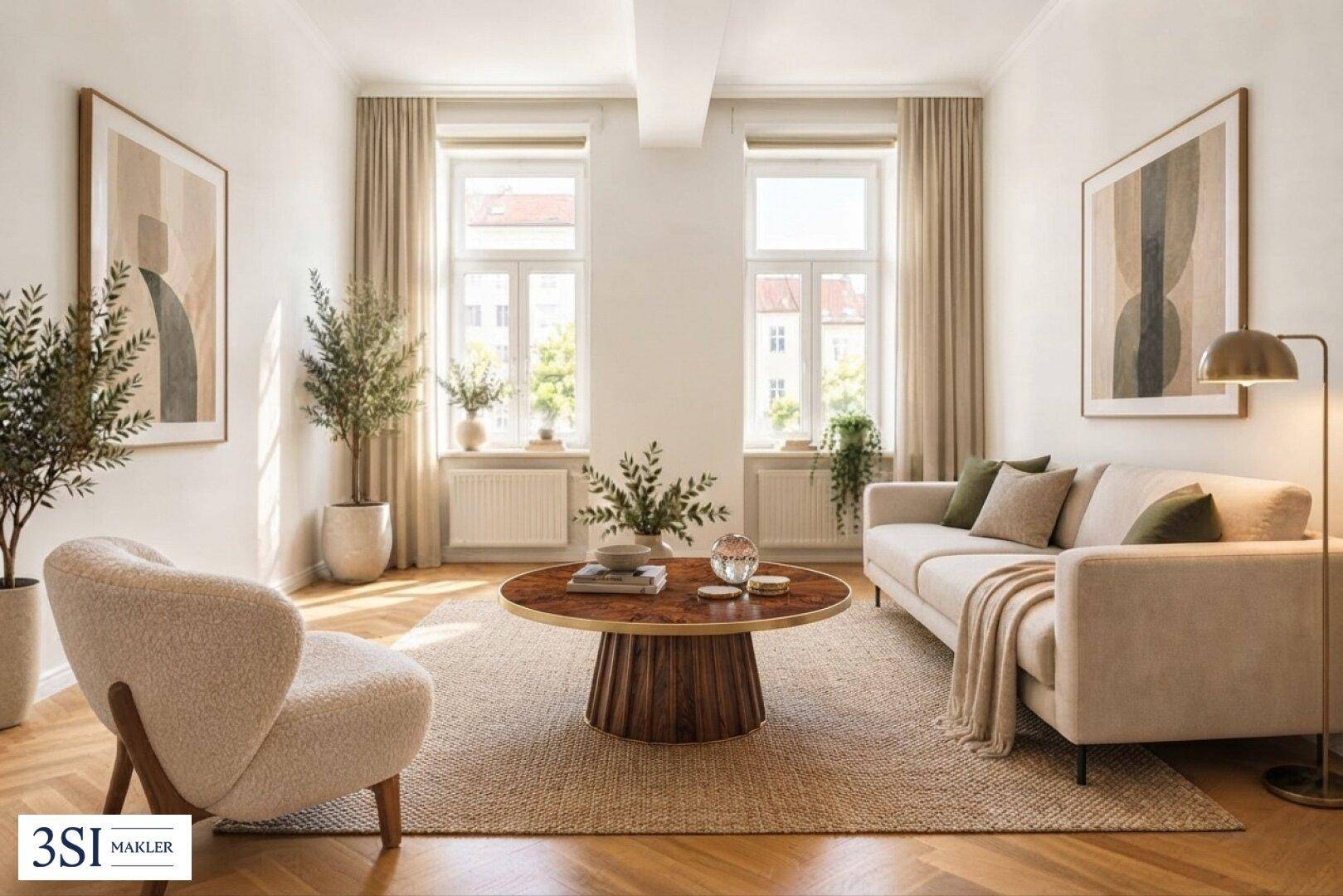 Helles Wohnzimmer mit Fischgrätparkett, beigem Sofa und modernen Kunstwerken an den Wänden.