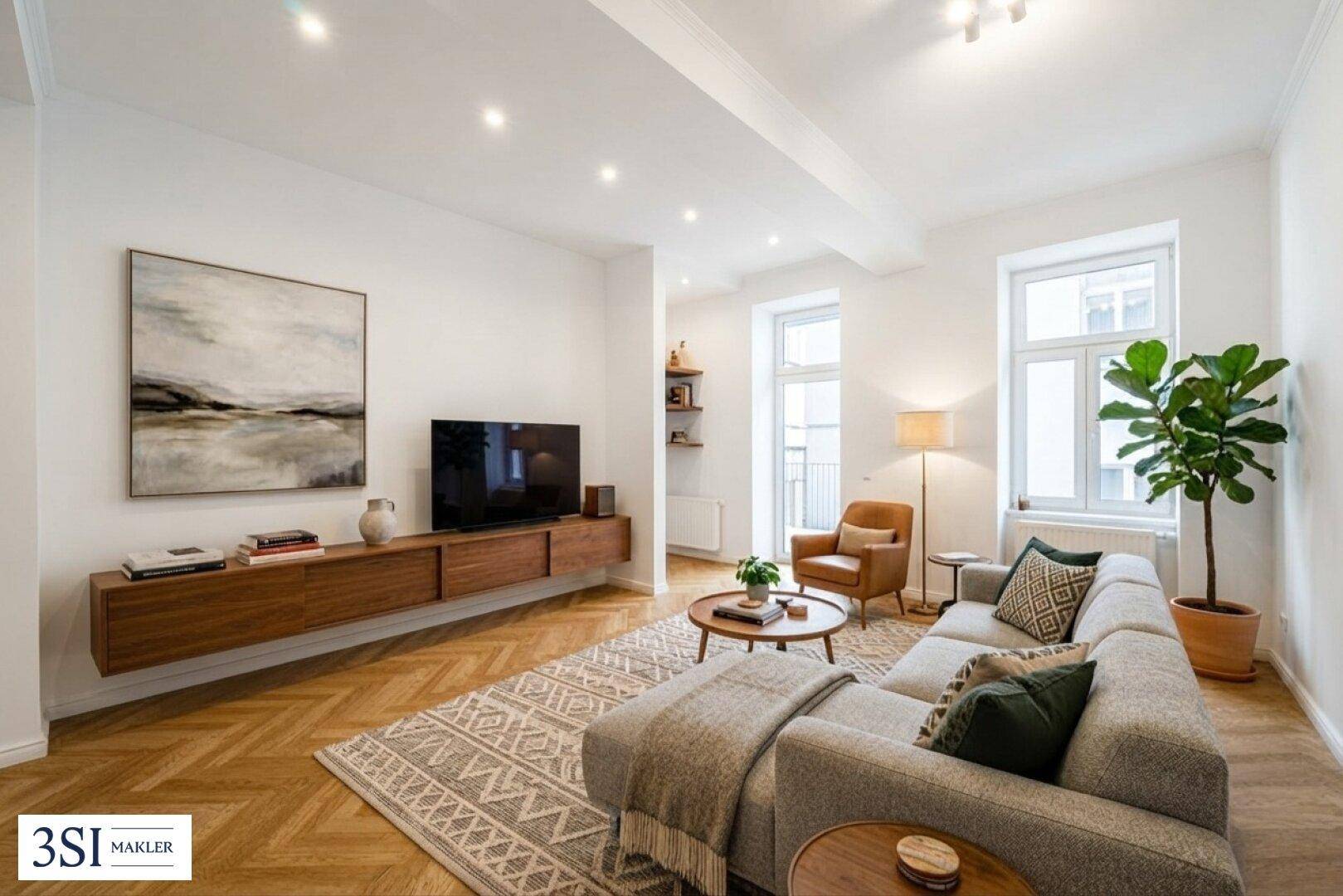 Geräumiges Wohnzimmer mit großem Ecksofa, Fernseher und elegantem Fischgrätparkettboden.