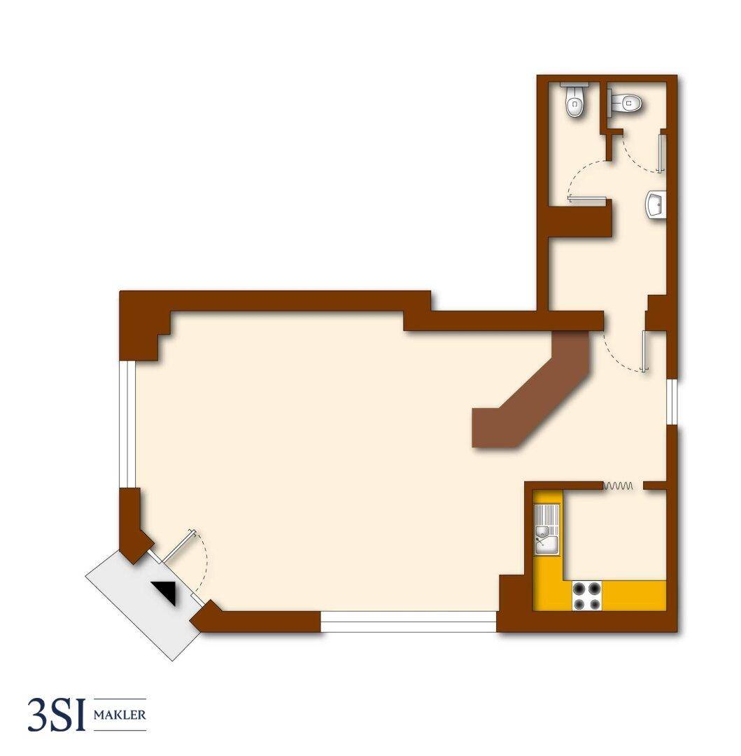 Grundriss einer kompakten Wohnung mit einem großen Hauptraum, einer kleinen Küche und einem Badezimmer.