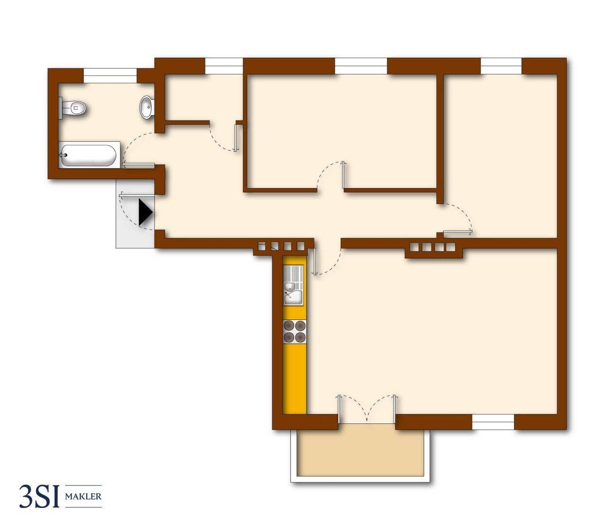 Übersichtlicher Grundriss einer Wohnung mit mehreren Zimmern, Bad, Küche und Balkon.