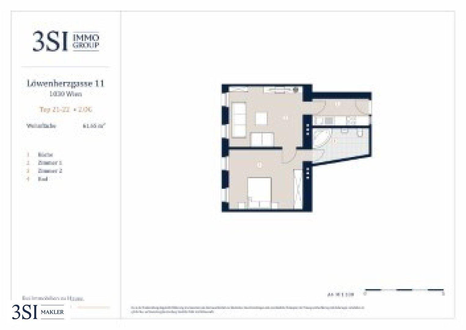 Grundriss einer modernen Wohnung mit separater Küche, einem Schlafzimmer, einem Badezimmer mit Dusche und einem kleinen Balkon.