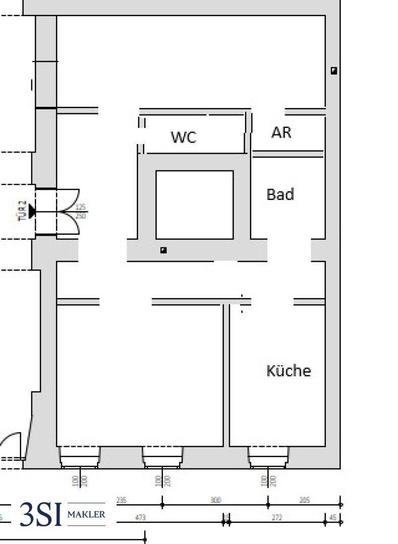 Detaillierter Grundrissplan einer Etage mit separater Küche, Bad, WC und Abstellraum.