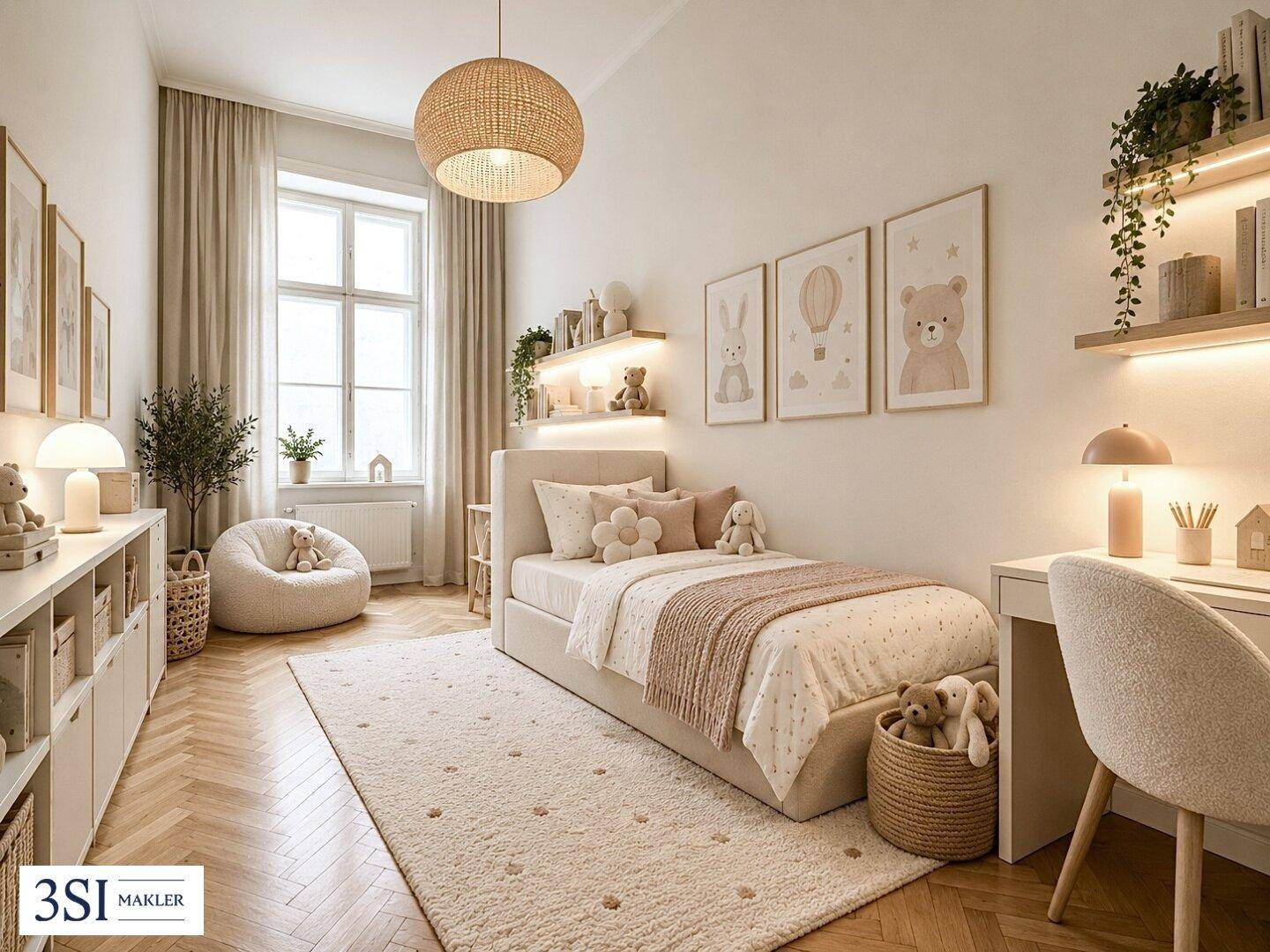 Freundliches Kinderzimmer mit hellem Parkettboden, Einzelbett und spielerischer Dekoration.
