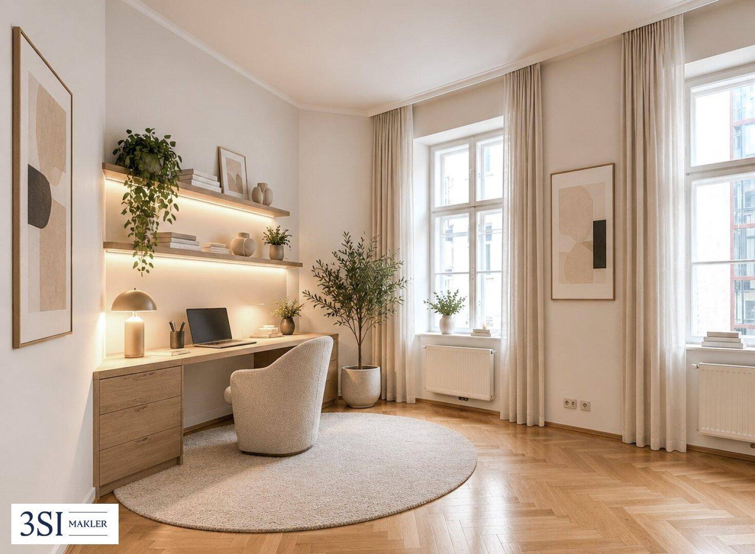 Helles Arbeitszimmer mit Schreibtisch, Regalen und Parkettboden, ideal für Home-Office.