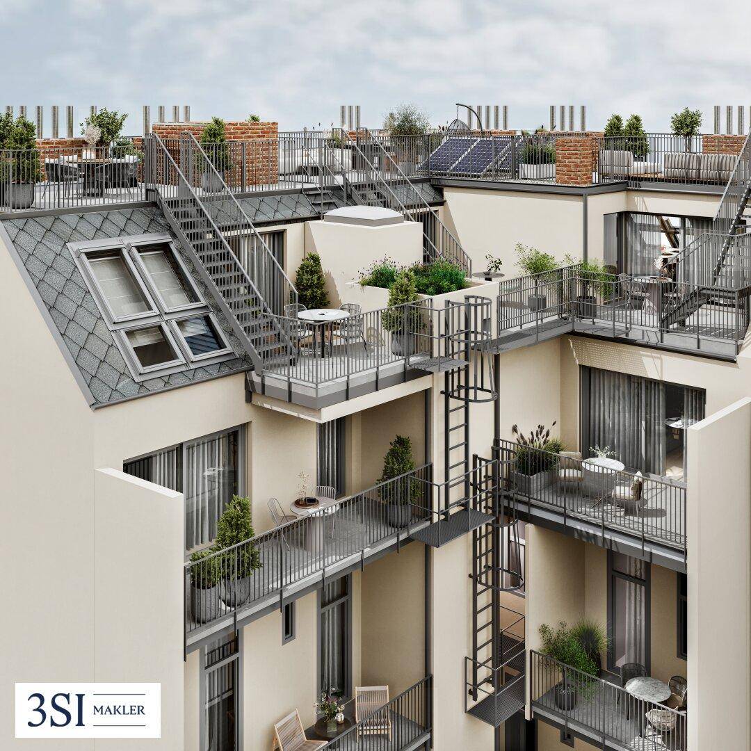 Gebäudefassade mit mehreren Balkonen, Terrassen und Außentreppen in moderner Architektur.