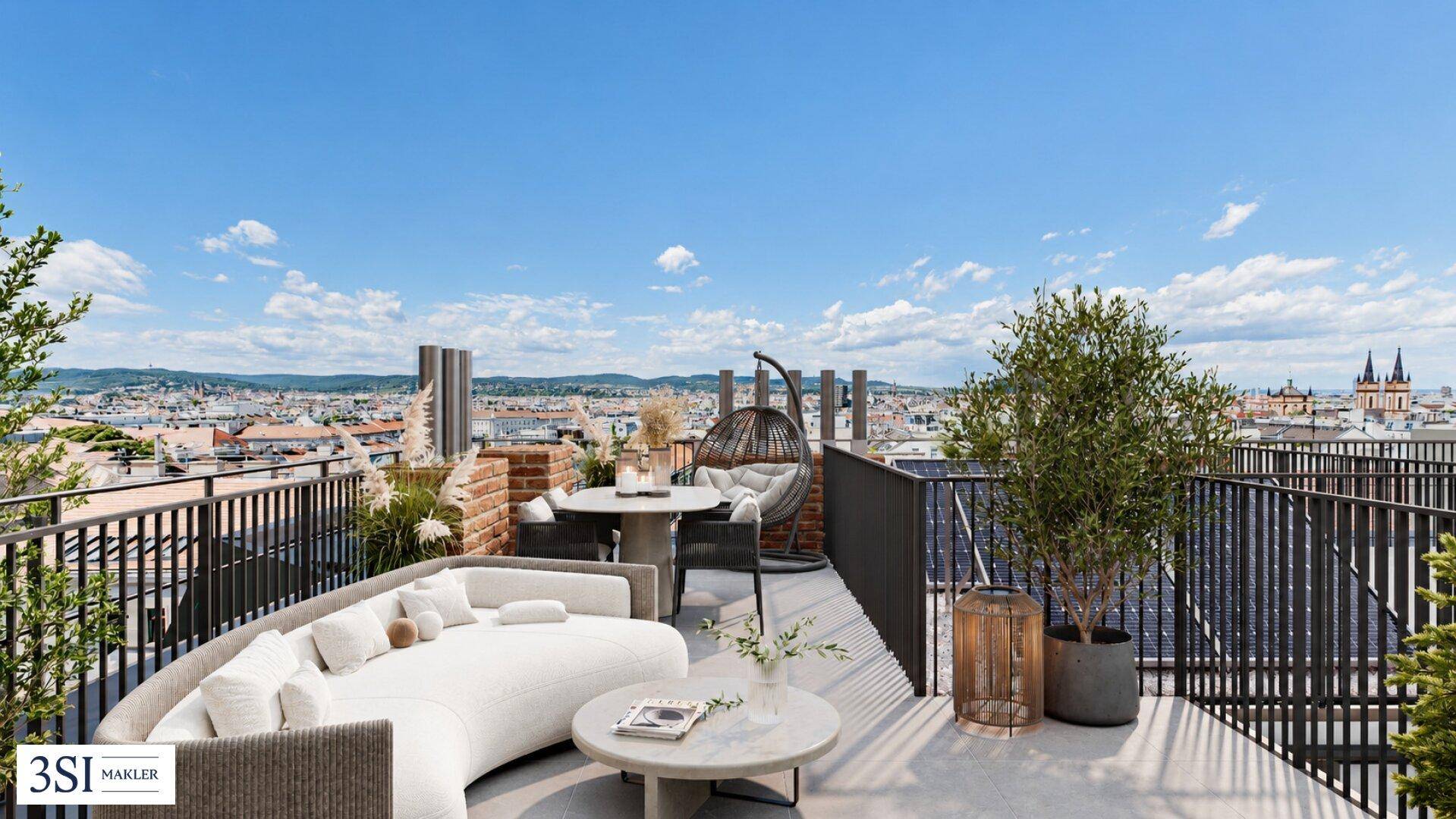 Geräumige Dachterrasse mit Lounge-Möbeln und weitem Blick über die Stadt.
