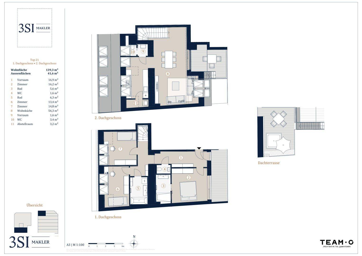 Grundrissplan zeigt zwei Dachgeschossebenen und eine separate Dachterrasse.