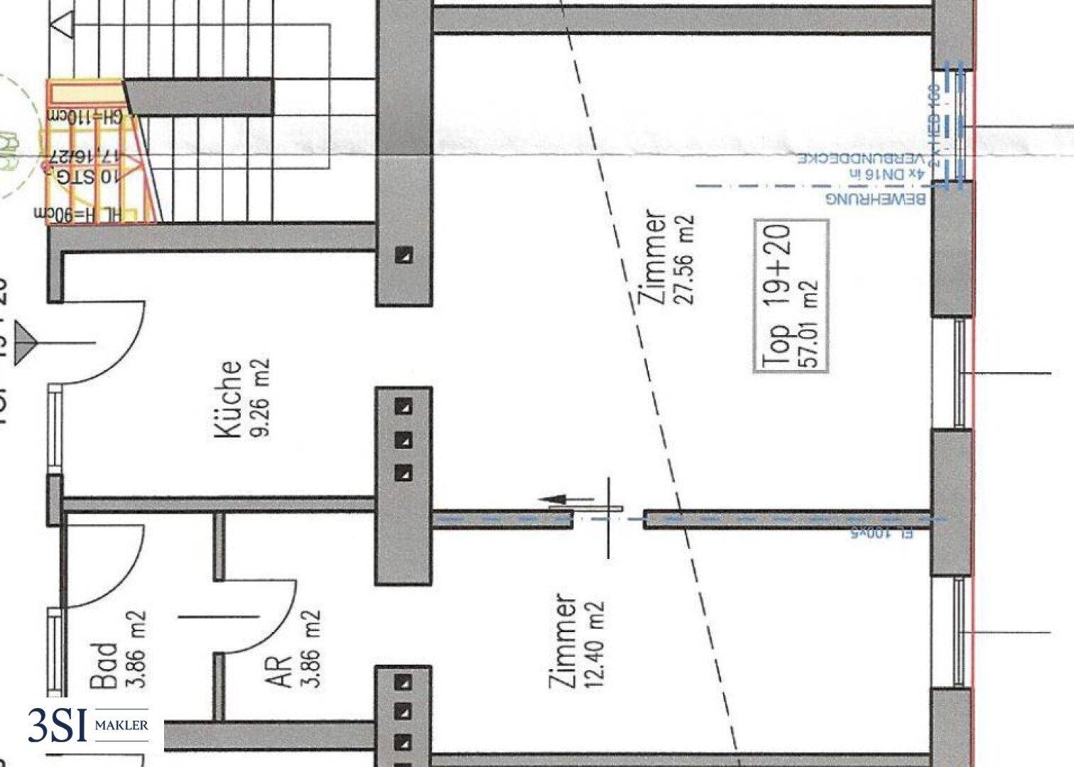 Grundriss einer Wohnung mit Küche, Bad und zwei Zimmern, inklusive Treppenhaus.