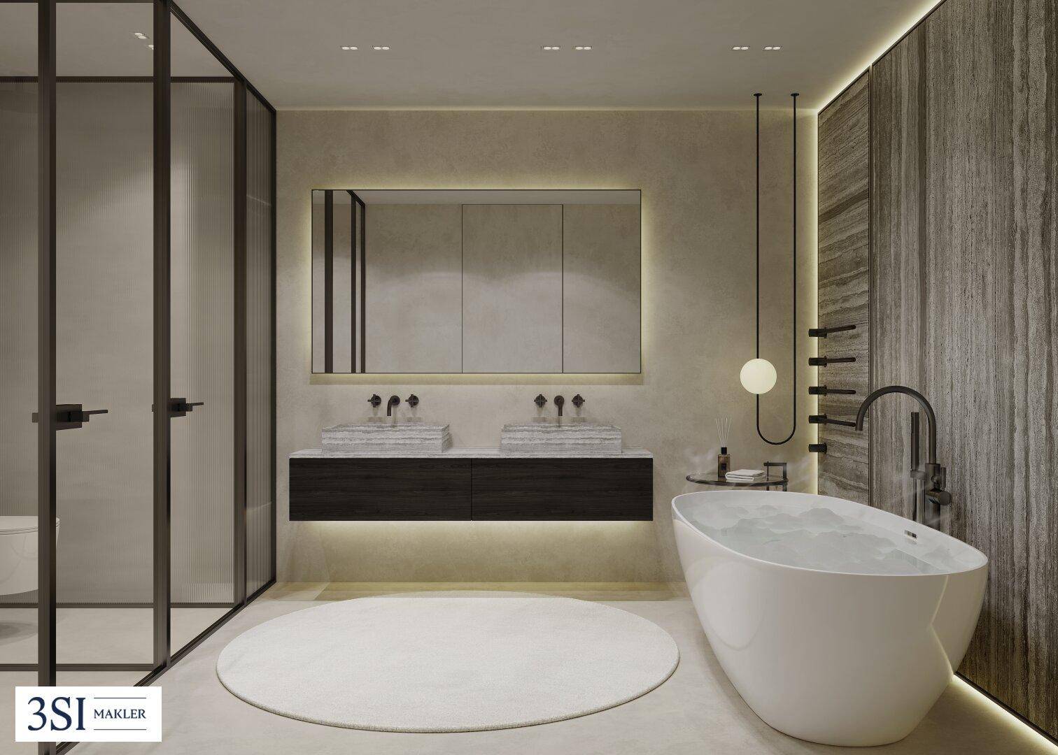 Luxuriöses Badezimmer mit freistehender Badewanne, Doppelwaschbecken und moderner Glasdusche.