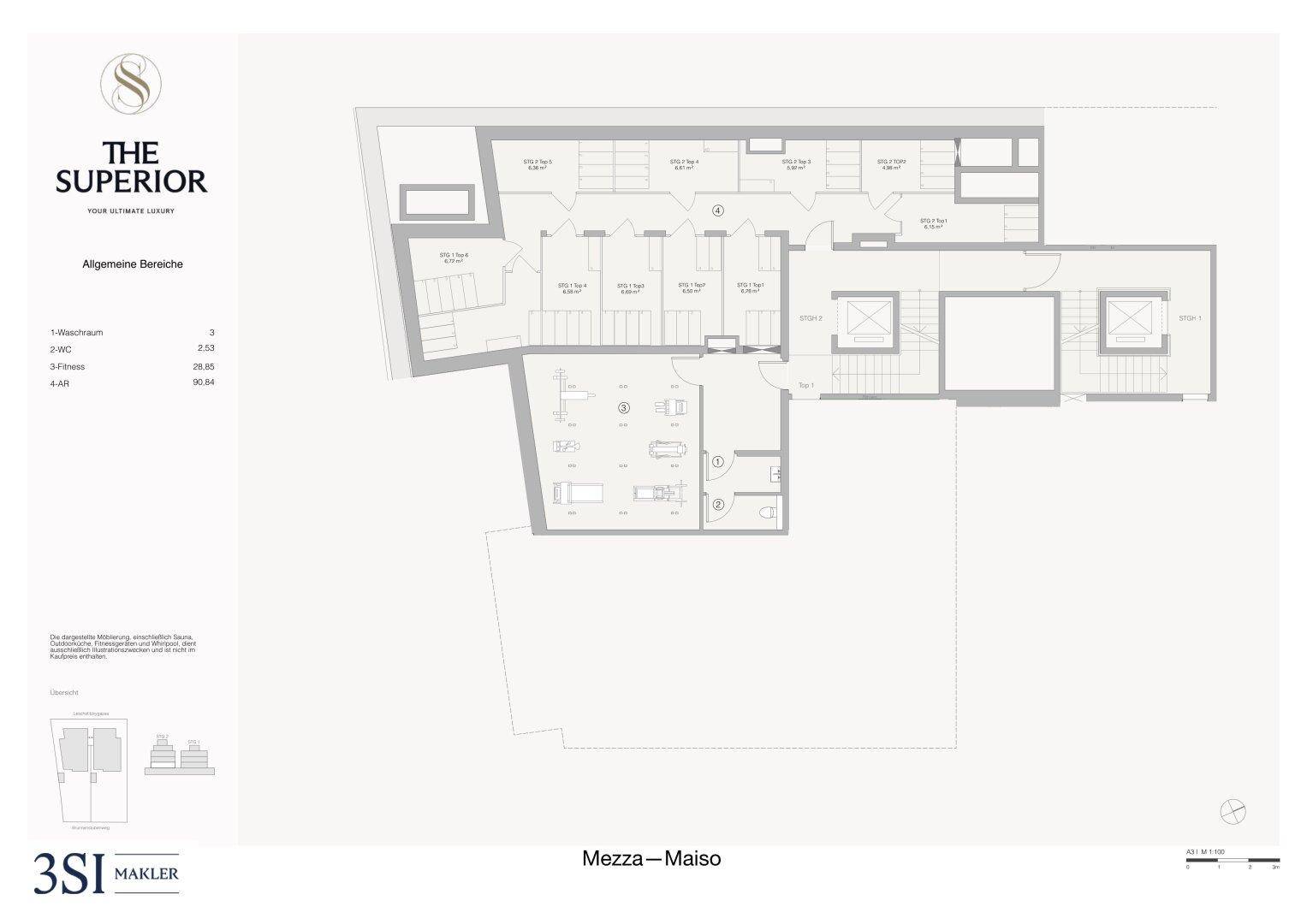 Grundriss des Erdgeschosses mit offenem Wohnbereich, Schlafzimmern und Zugang zu Balkon und Terrasse.