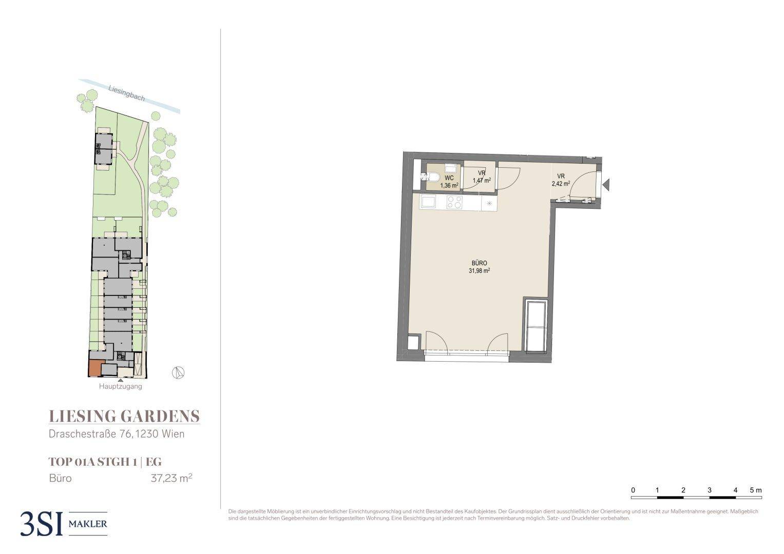 Grundriss einer Büroeinheit mit separatem WC und Vorraum, Gesamtfläche 37,23 m².