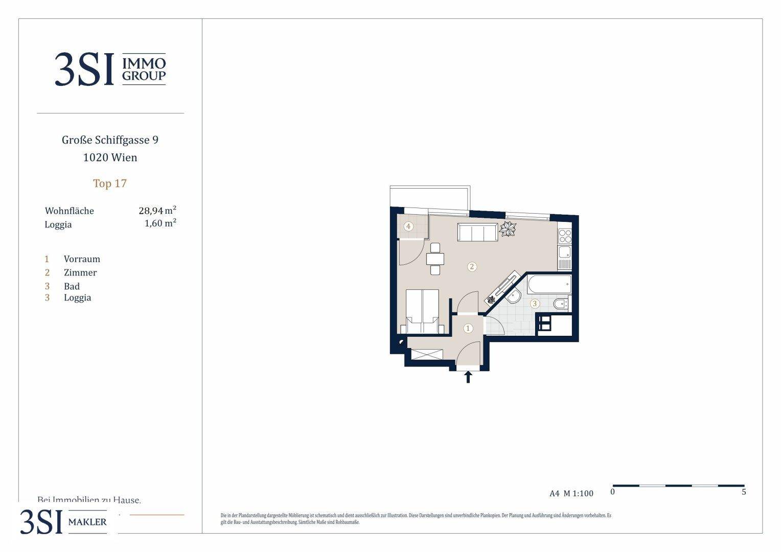 Grundriss einer Wohnung mit Wohnbereich, Bad und Loggia, Gesamtfläche 28,94 m².