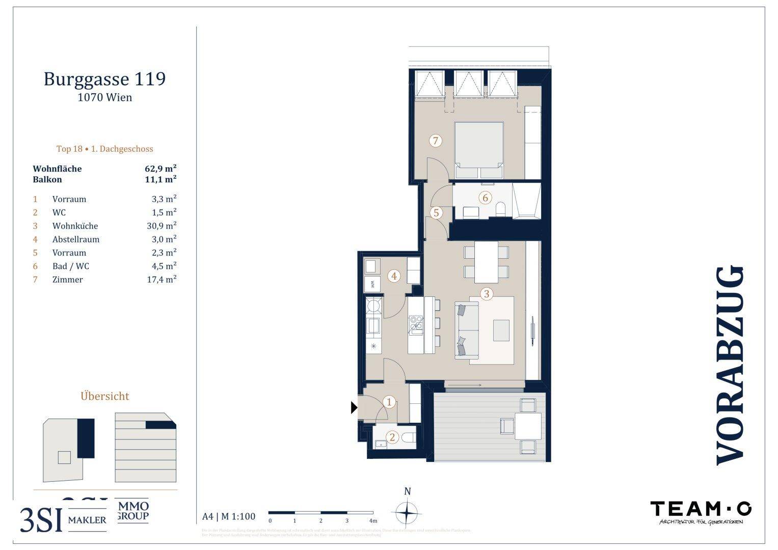 Wohnungsgrundriss mit offenem Wohn-Essbereich, einem Schlafzimmer, Bad und separatem WC sowie Balkon.