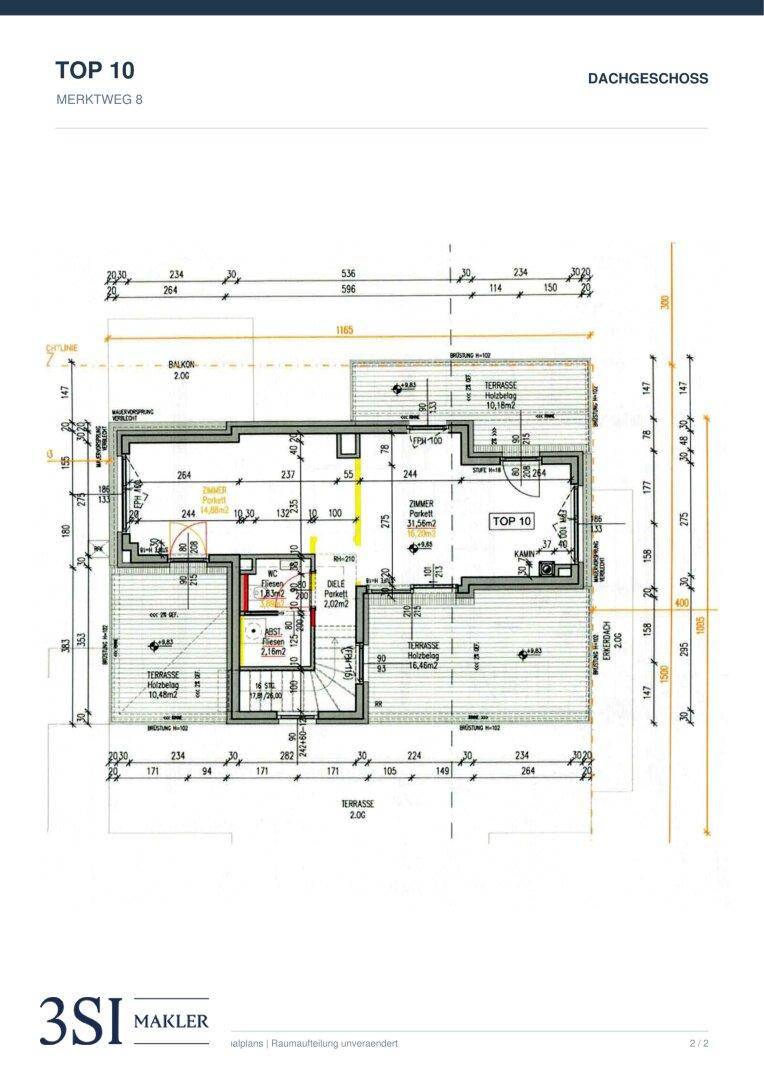 Grundriss des Dachgeschosses mit mehreren Terrassen und einem Balkon.