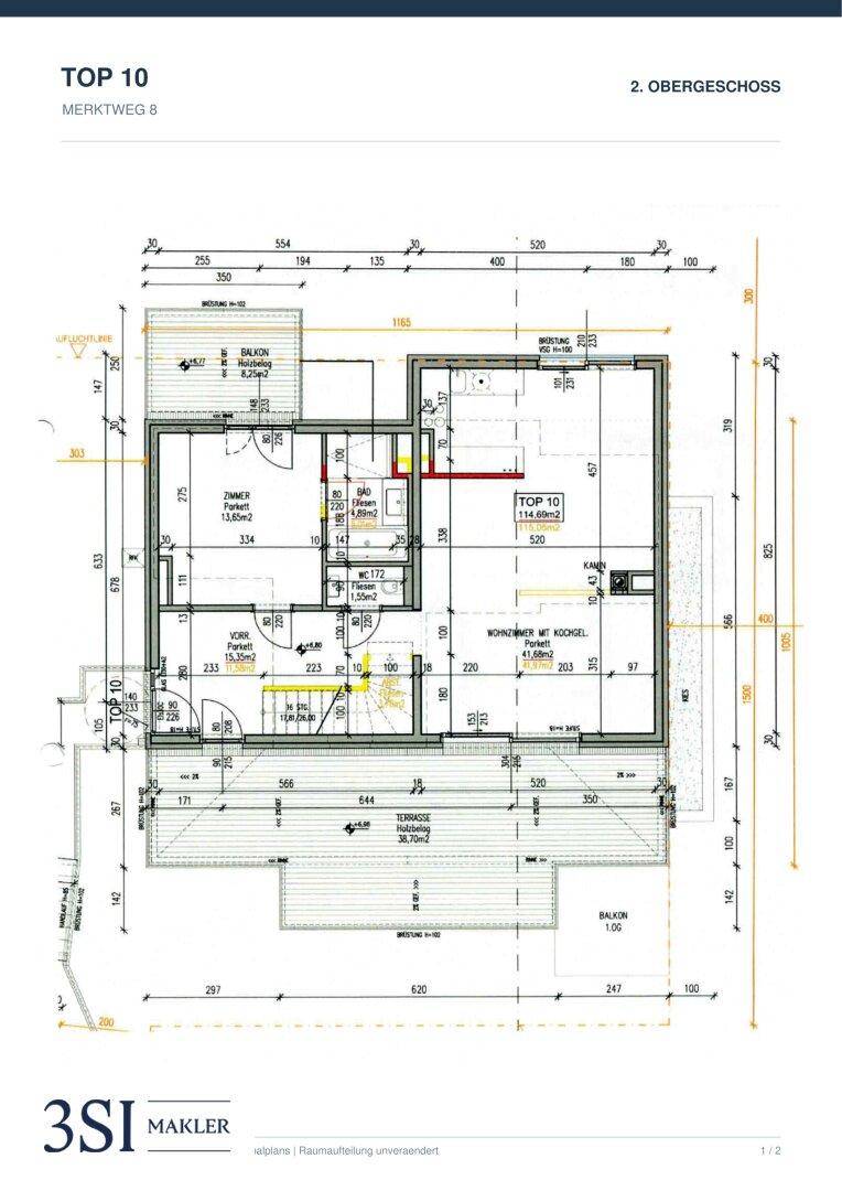Grundriss des 2. Obergeschosses mit Balkon, Terrasse und offenem Wohnbereich.