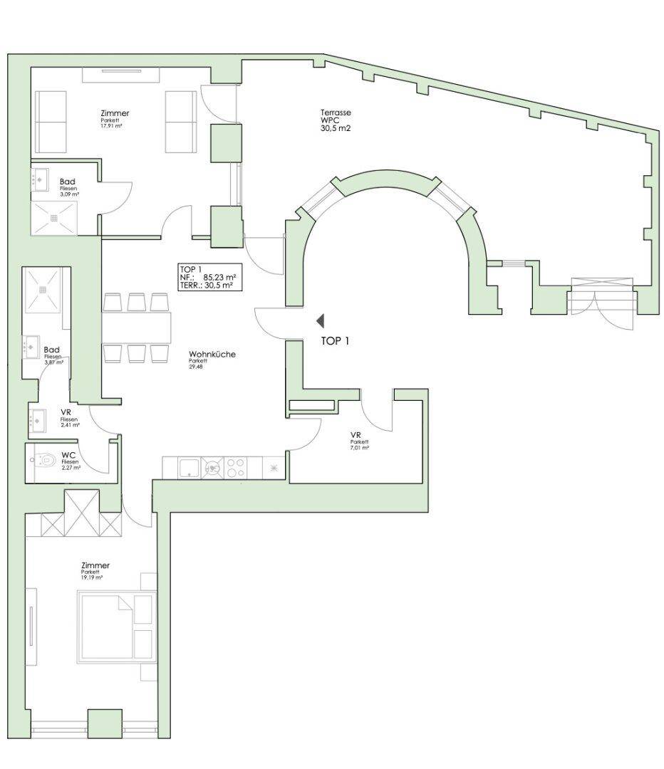 Grundriss der Wohnung TOP 1 mit zwei Zimmern, Wohnküche und großer Terrasse.