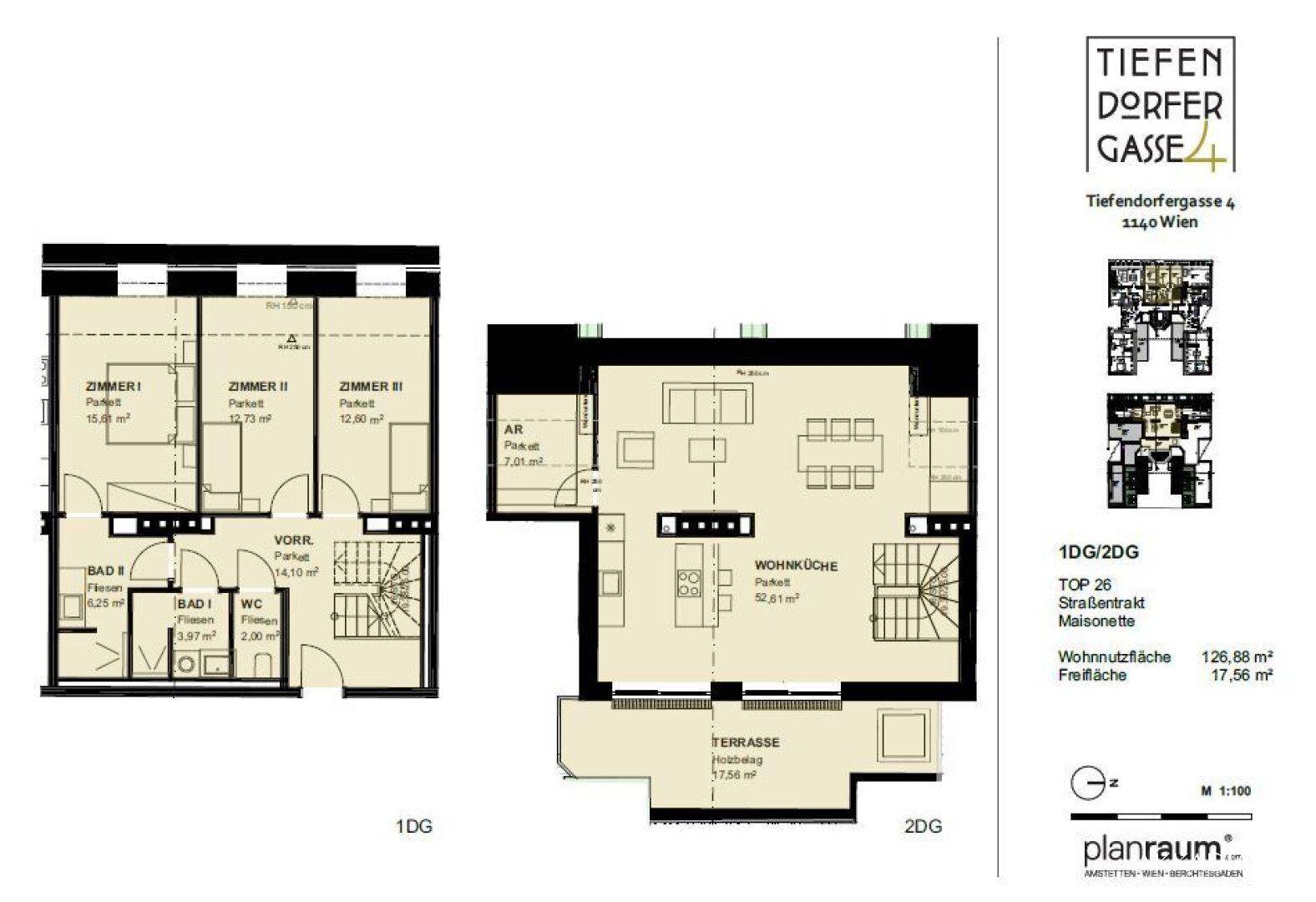 Grundriss einer Maisonette-Wohnung über zwei Etagen mit offener Wohnküche, drei Zimmern, zwei Bädern und einer Terrasse.